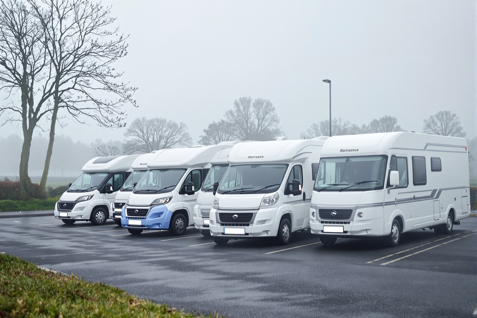 A row of motorhomes parked side by side on a quiet depot yard on a misty morning.