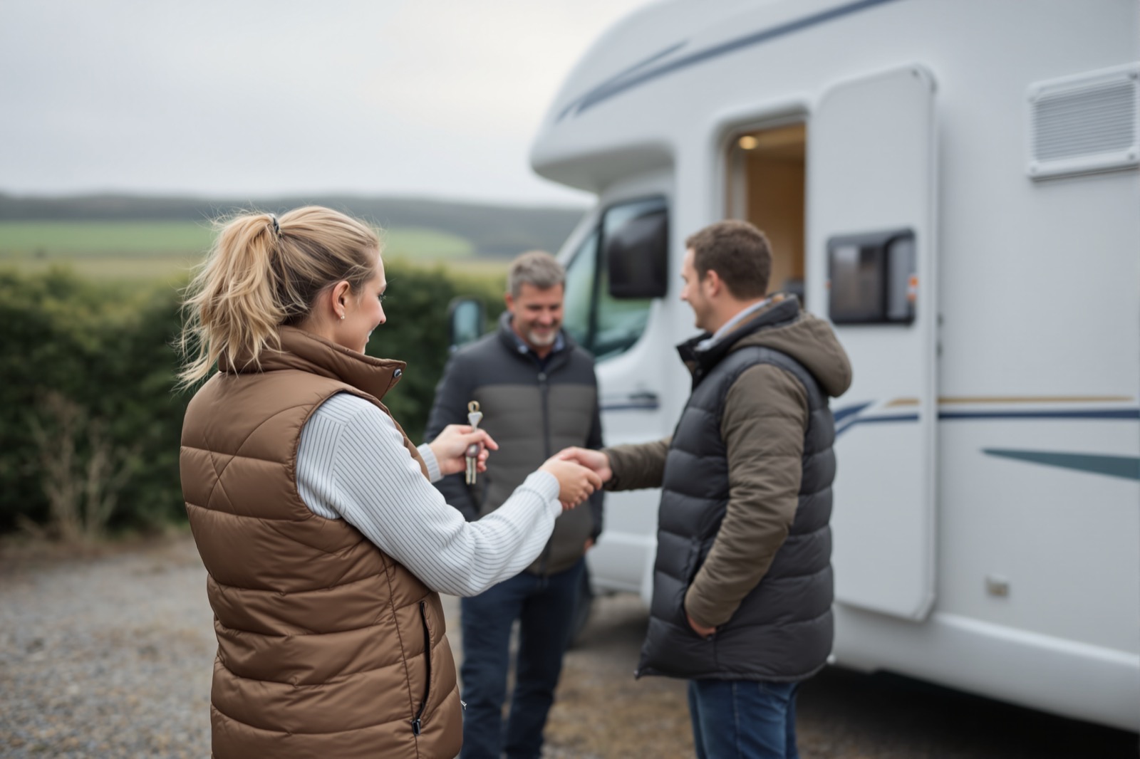A hire operator handing keys to a couple beside a motorhome on a gravel yard early in the morning.