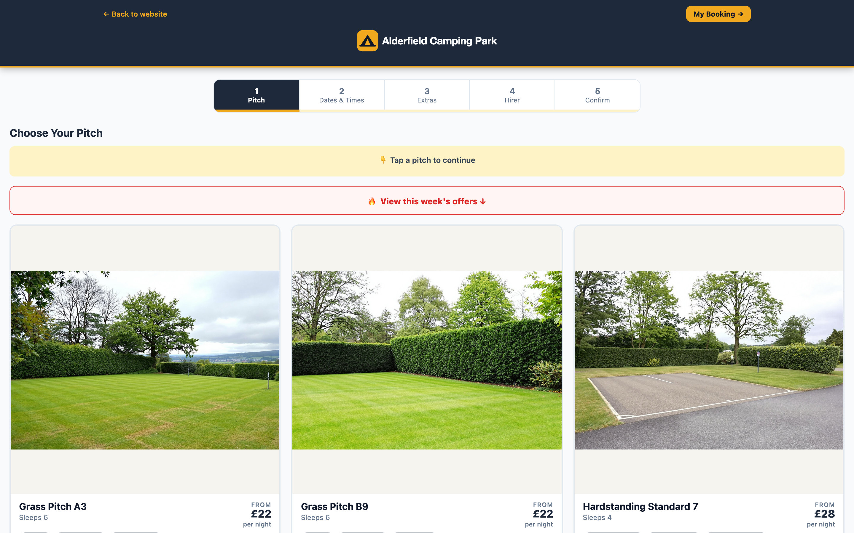 A campsite's public booking page, showing pitches with photographs, facilities and nightly rates.