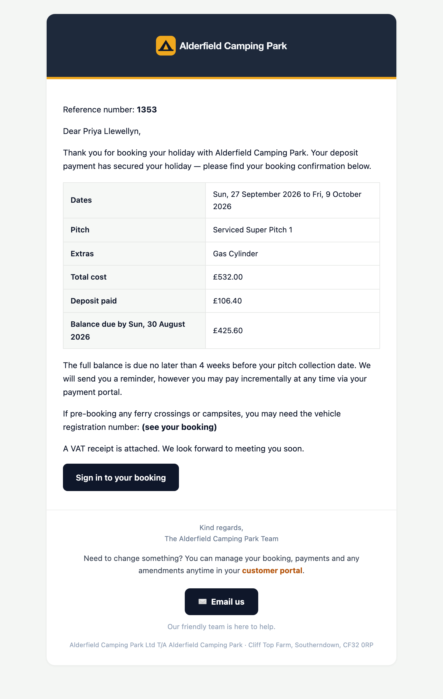The booking confirmation email a campsite guest receives, in the park's own branding, listing the pitch, the dates and what has been paid.
