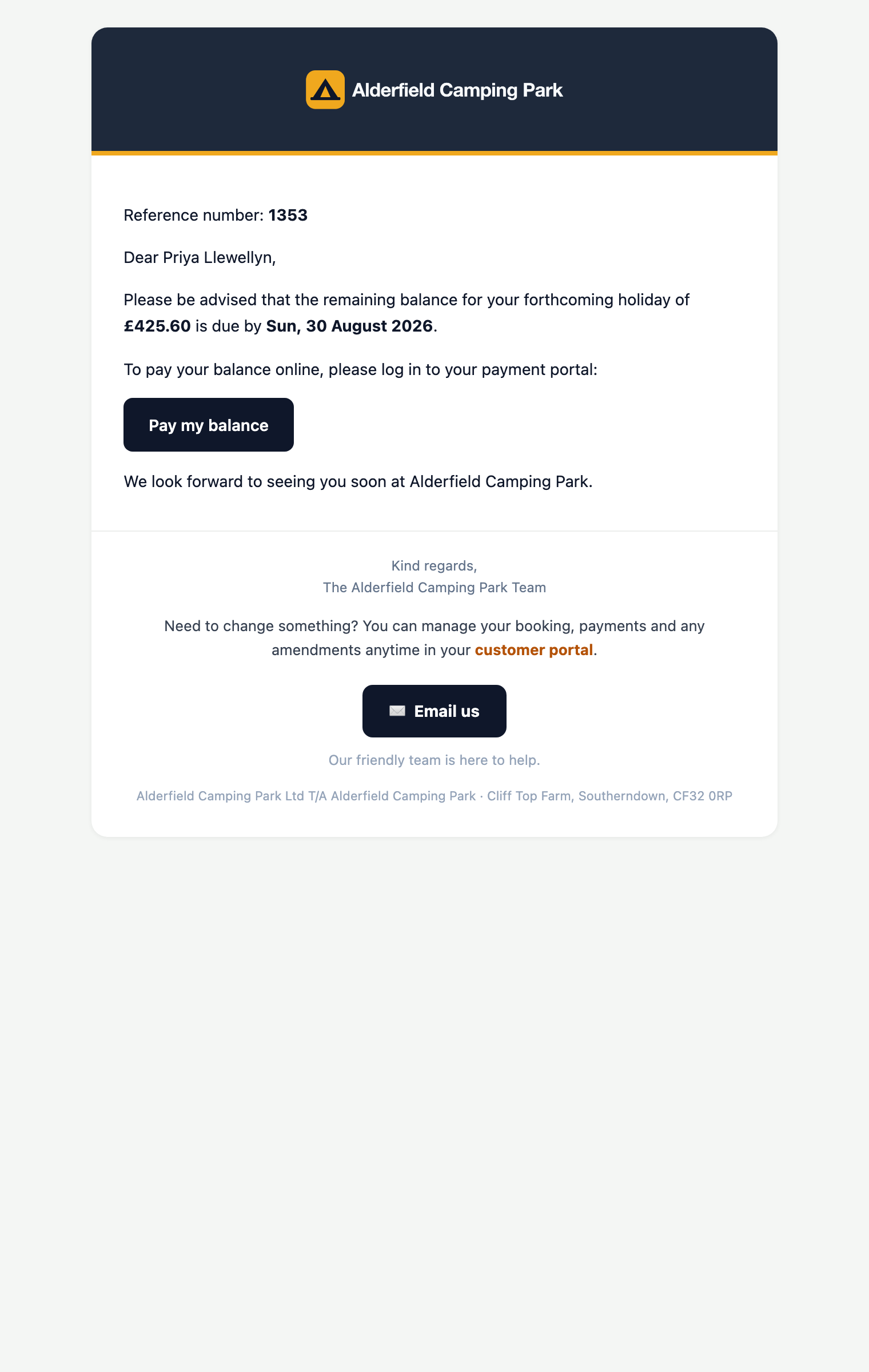 A campsite's balance reminder email, naming the pitch, the amount outstanding and its due date.