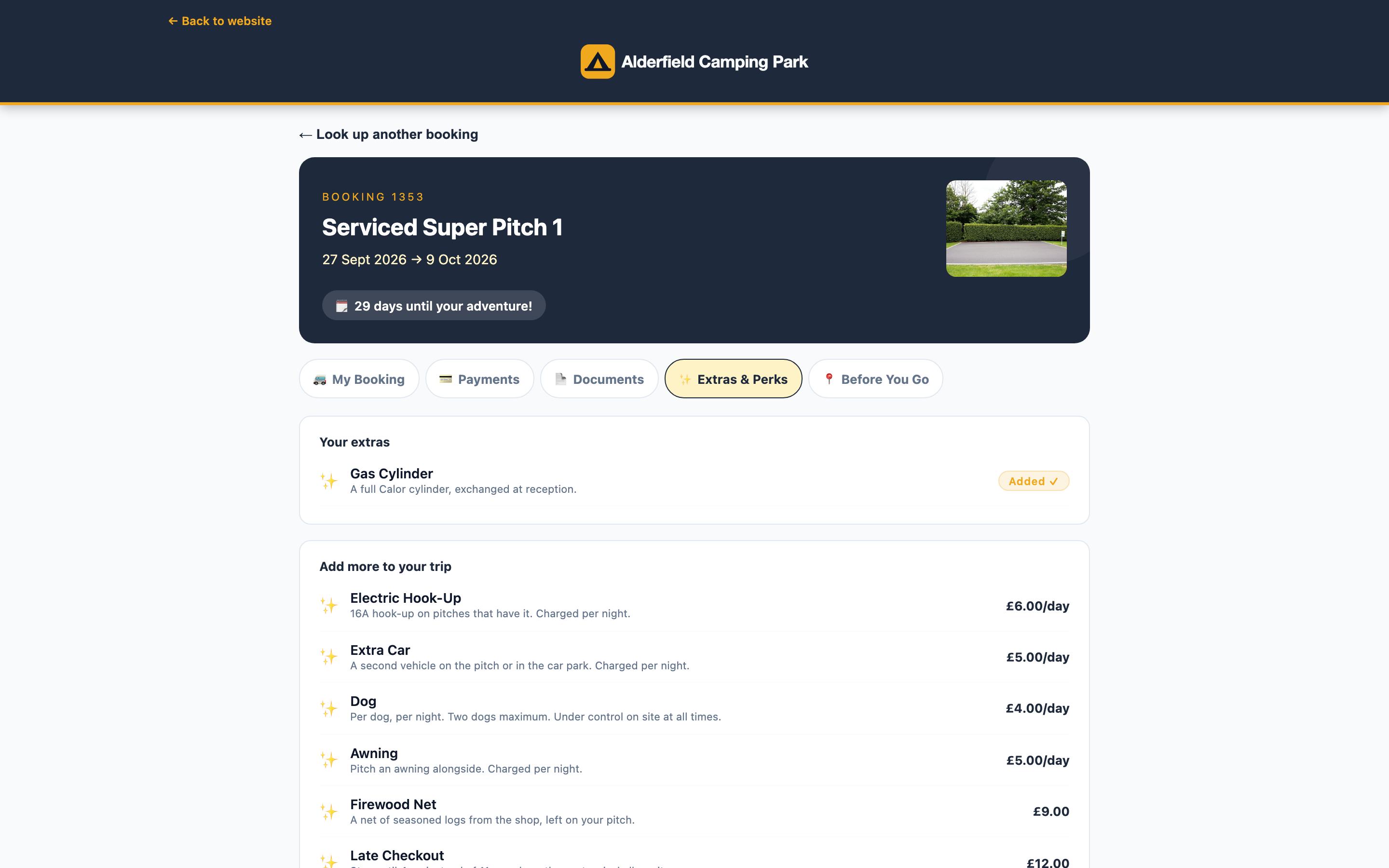 A campsite guest's portal, adding extras to a booking already made: hook-up, an extra car and a dog.