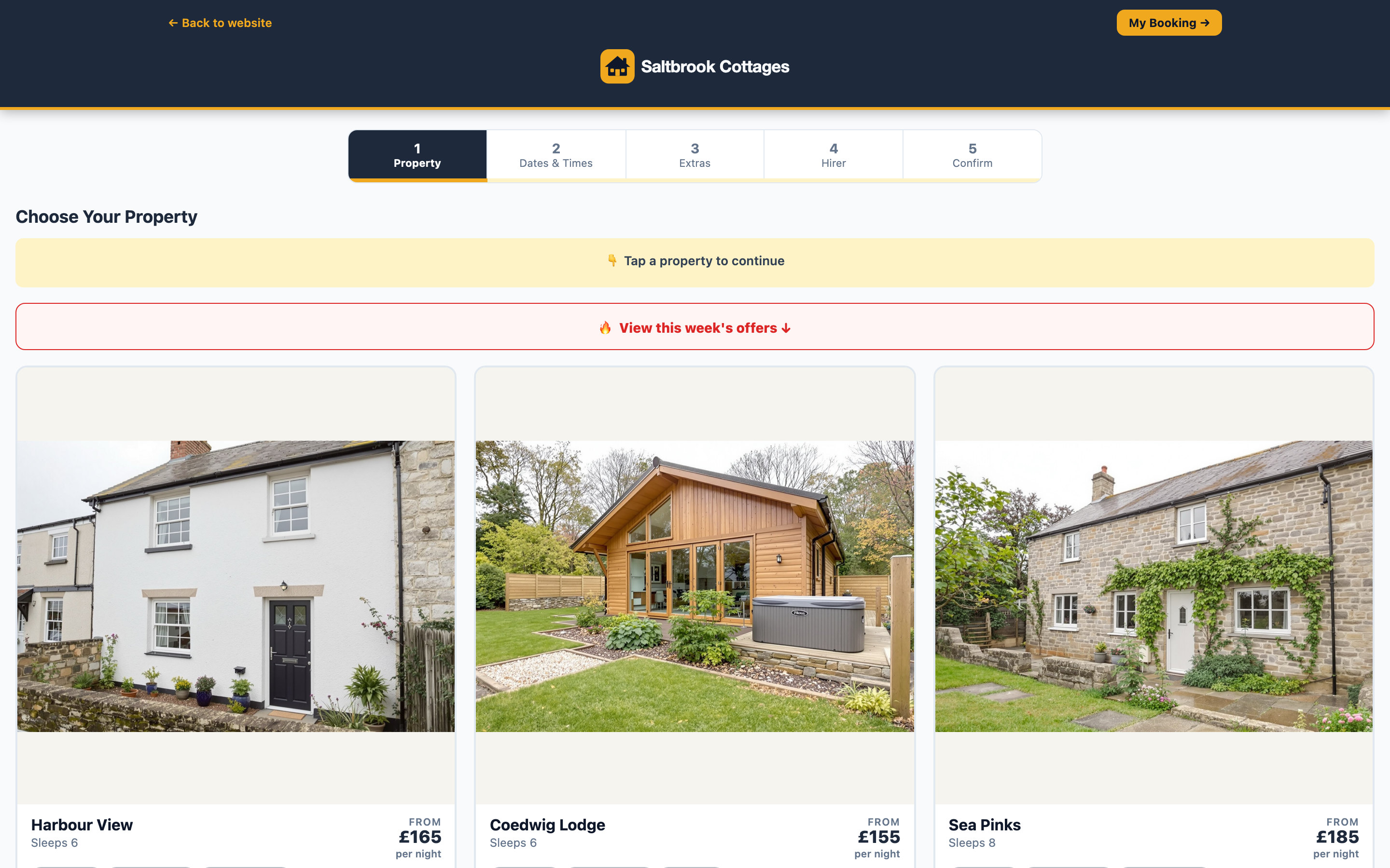 A holiday-let business's booking page: five coastal cottages, each photographed and listed with its bedrooms, sleeping capacity, features and nightly rate.