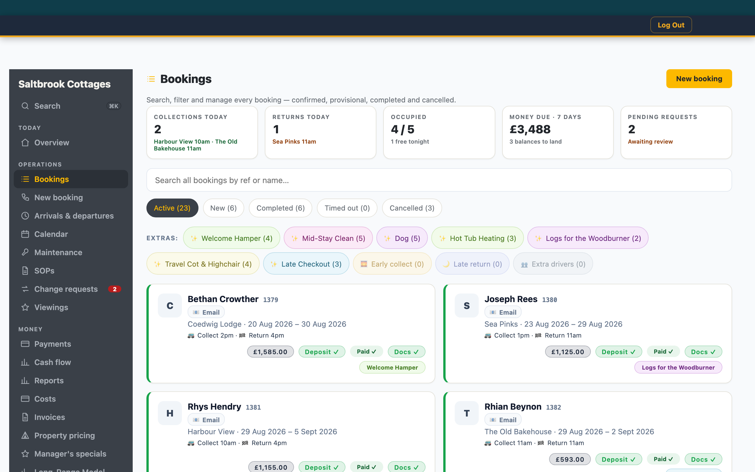 A holiday-let business's booking list: every stay with its property, guest, dates and payment state.