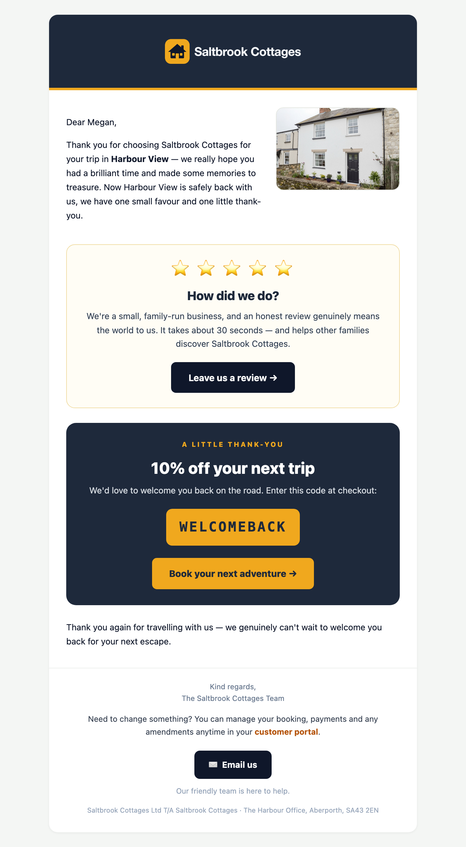 A holiday-let business's review request email, sent shortly after check-out while the stay is still recent.