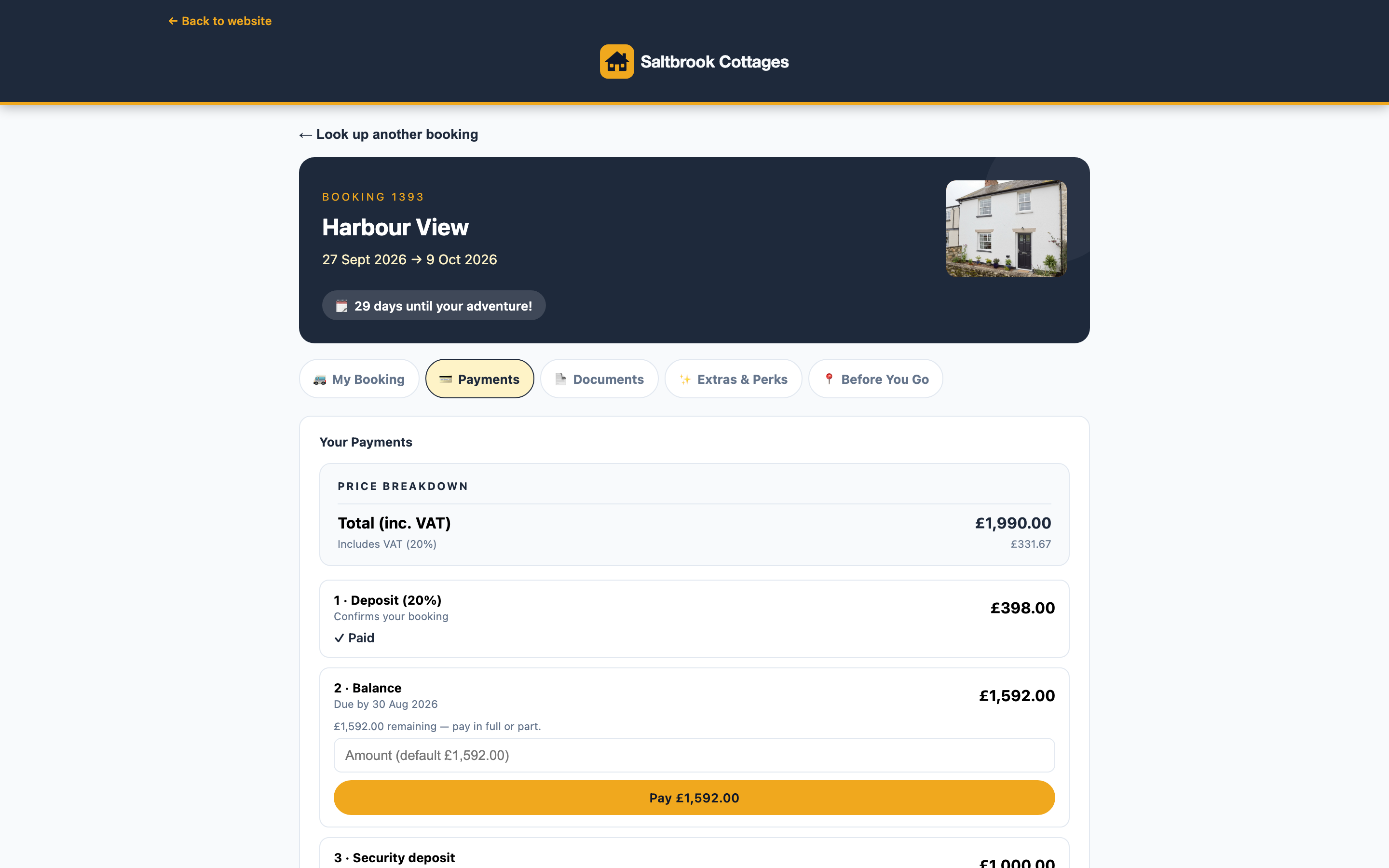 The guest's own payment page for a holiday-let booking, showing the deposit paid, the balance still due and its due date.
