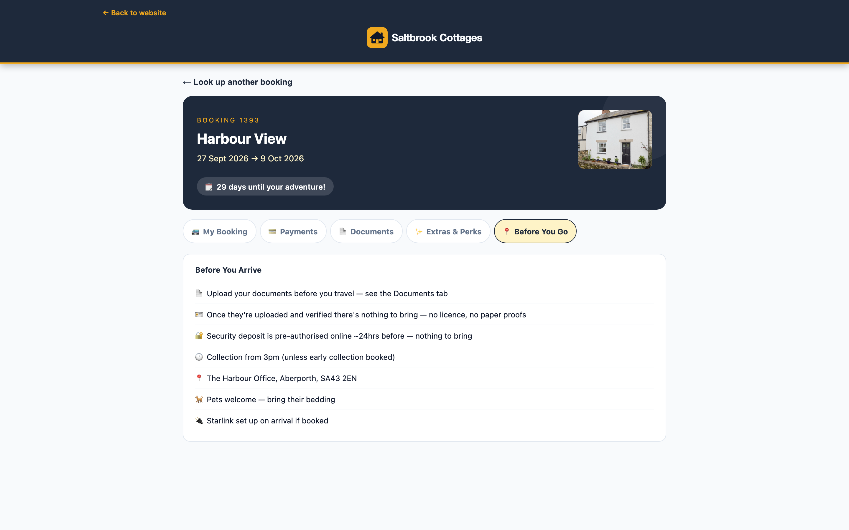 A holiday-let guest's pre-arrival page: directions, the check-in time, the key safe and what is provided.