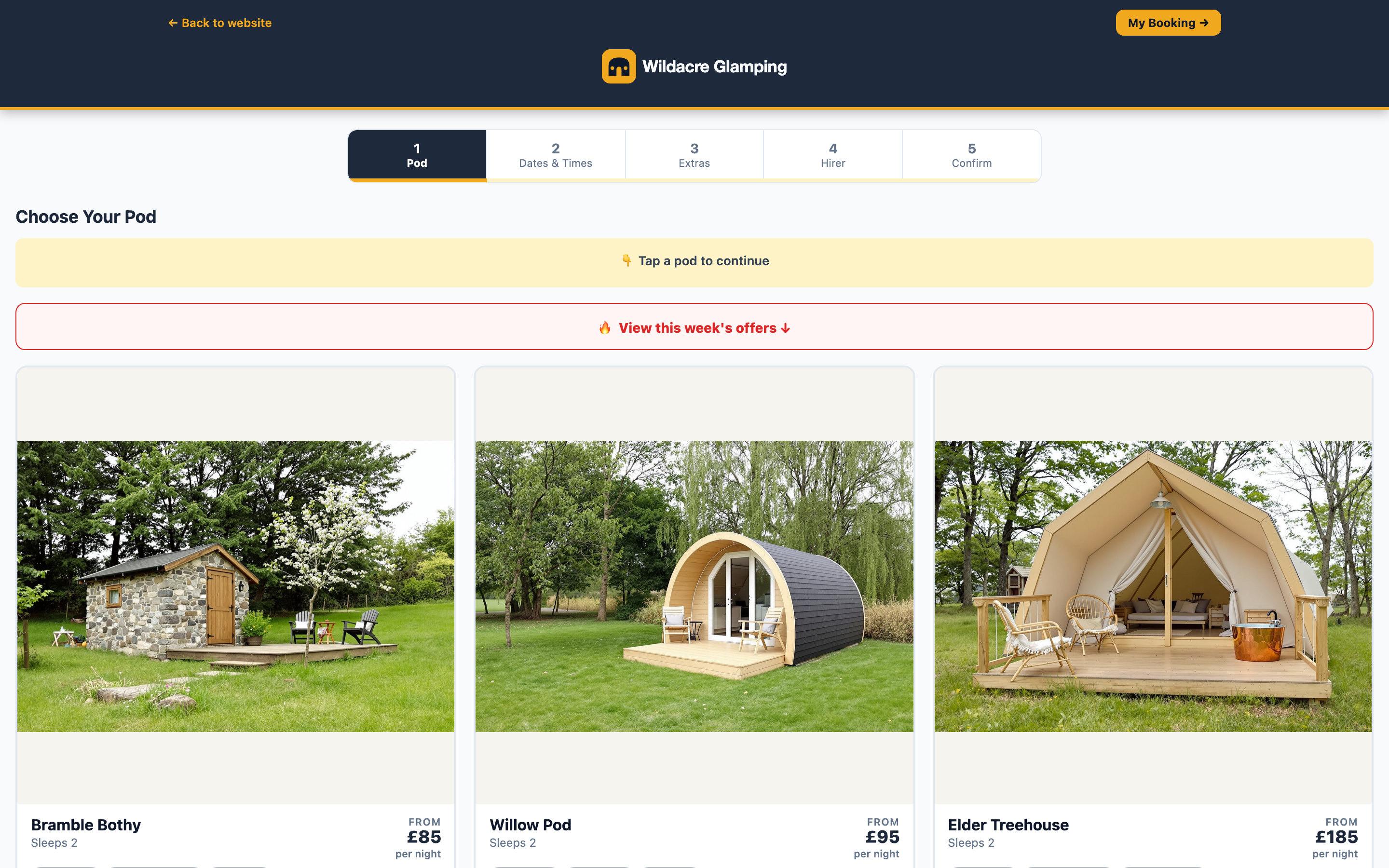 A glamping site's booking page: shepherd's huts, pods, a cabin, a safari tent and a treehouse, each with its own photograph, its own nightly rate and its own features.