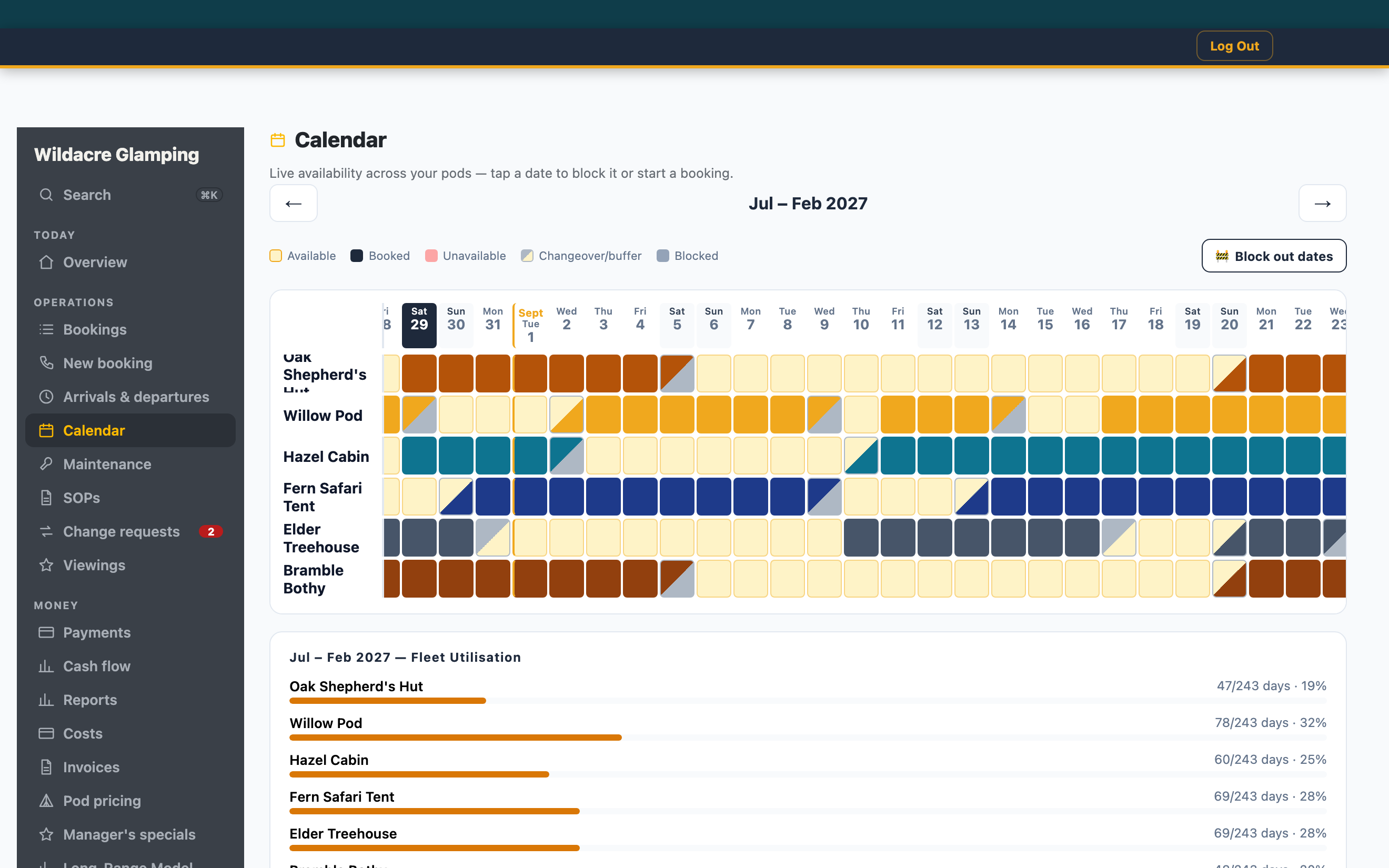 A glamping site's unit calendar: one row per hut or pod across the weeks ahead, each booking a coloured block.
