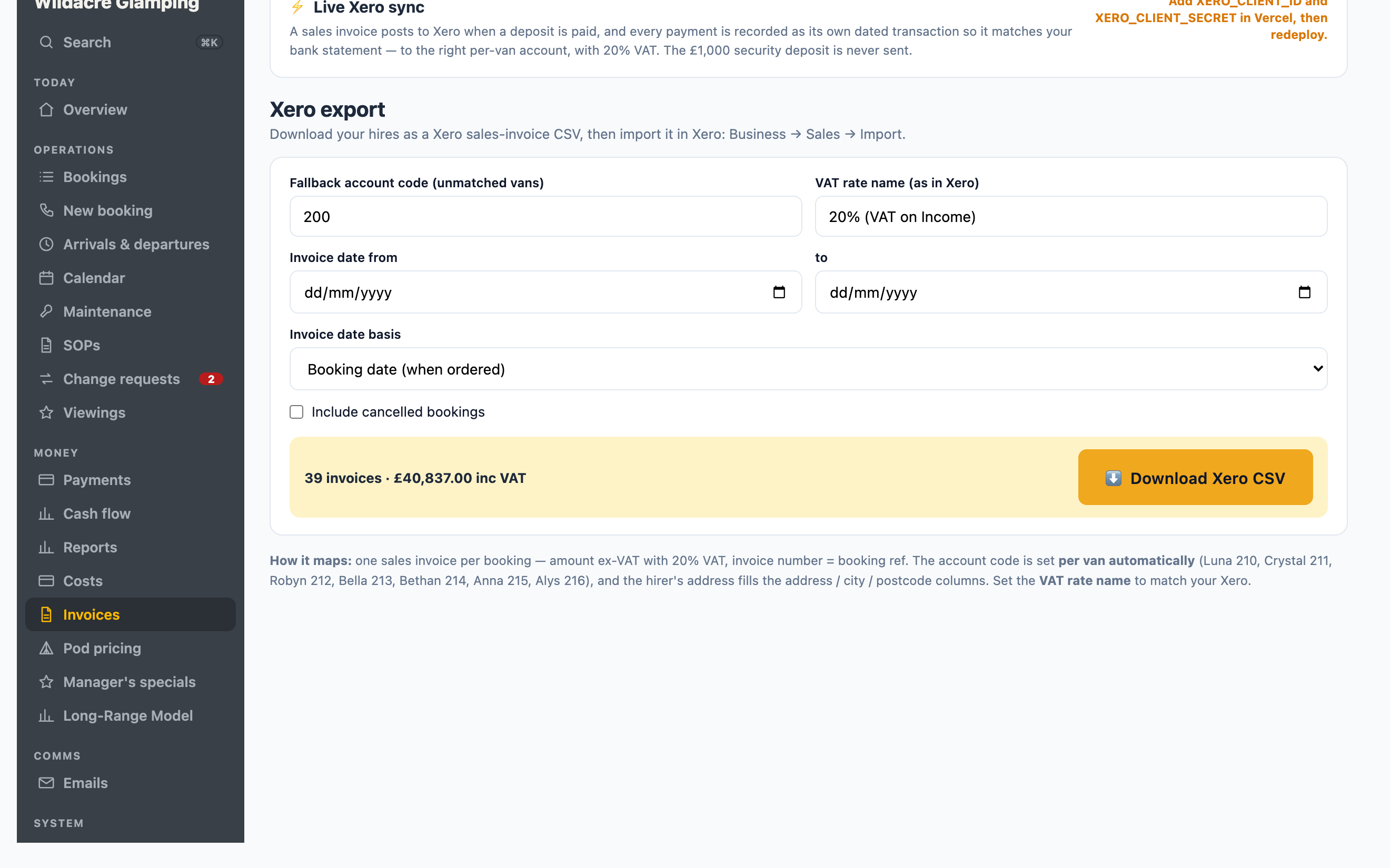 The invoices screen: VAT invoices raised against bookings, ready to reach the accounting package.