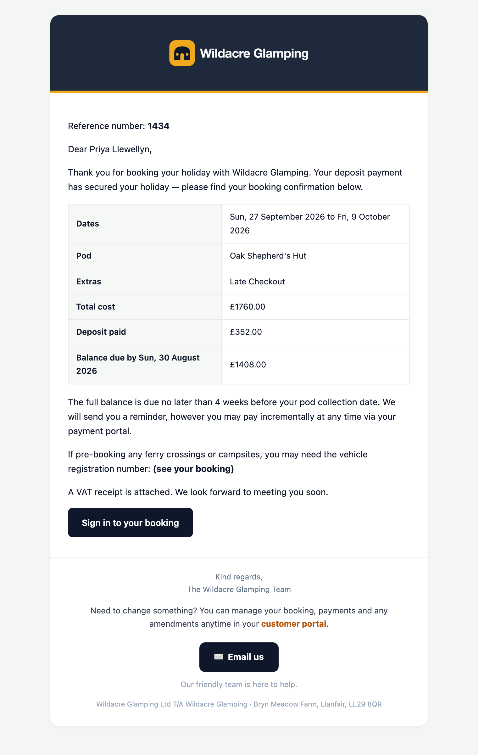 A glamping site's booking confirmation email in its own colours, naming the pod, the dates and what has been paid.