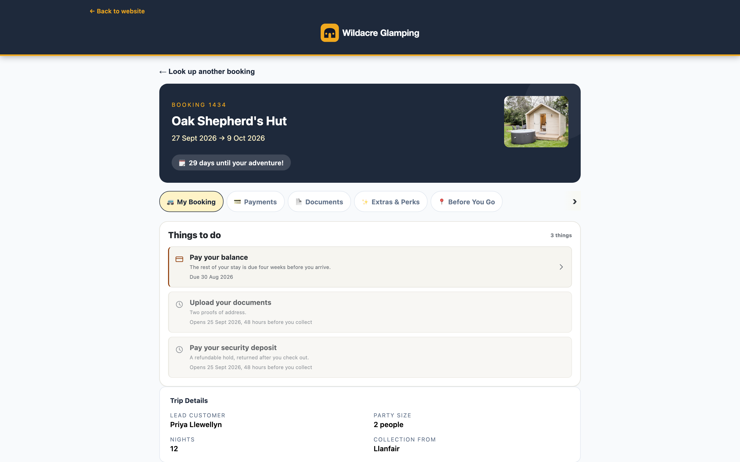 A glamping guest's portal: the pod, the dates, the check-in time and what is still to pay, with nothing to upload and nothing to sign.