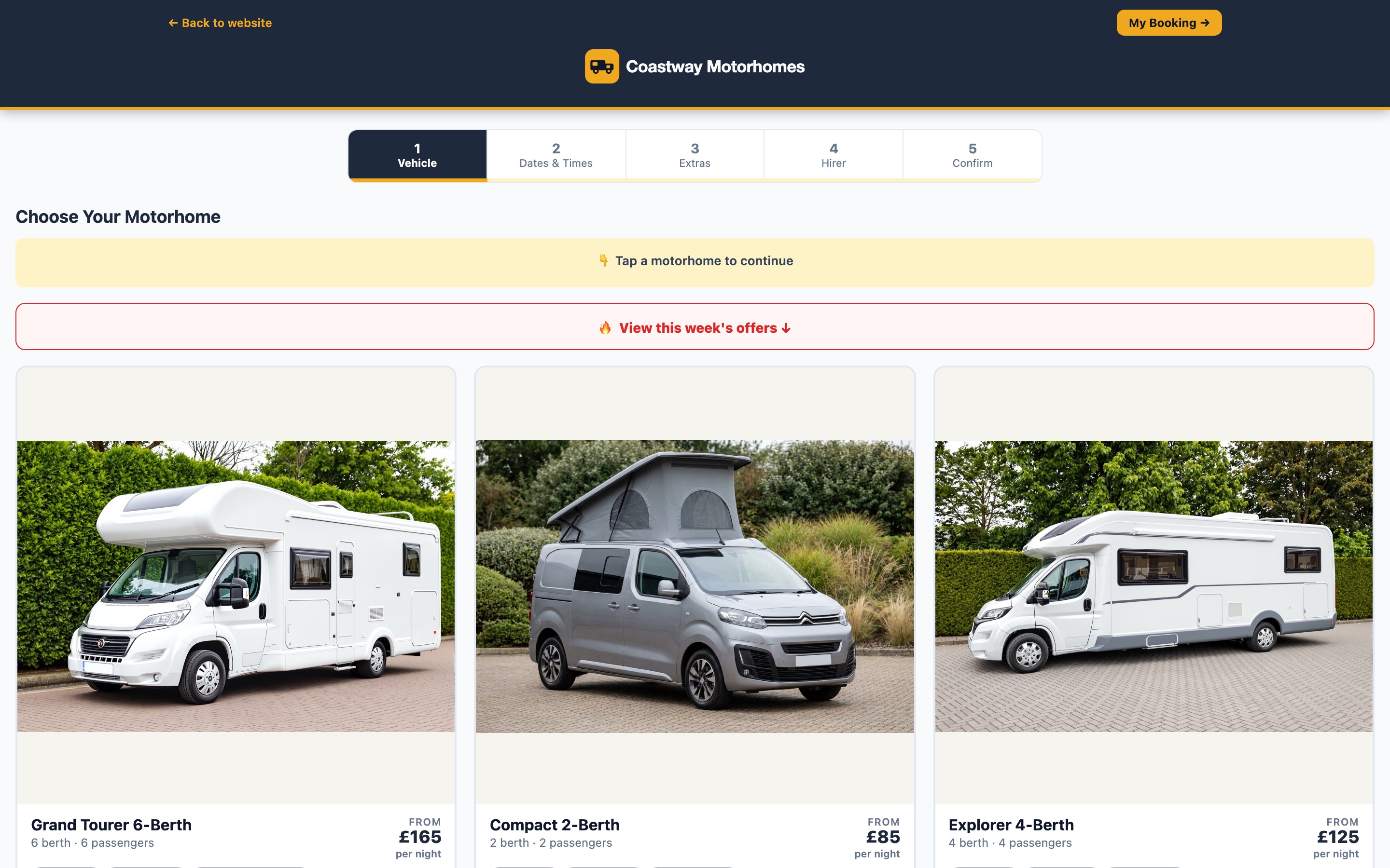 The first step of the guest booking journey: a fleet of vehicles shown as cards with photographs, berths and a nightly price.