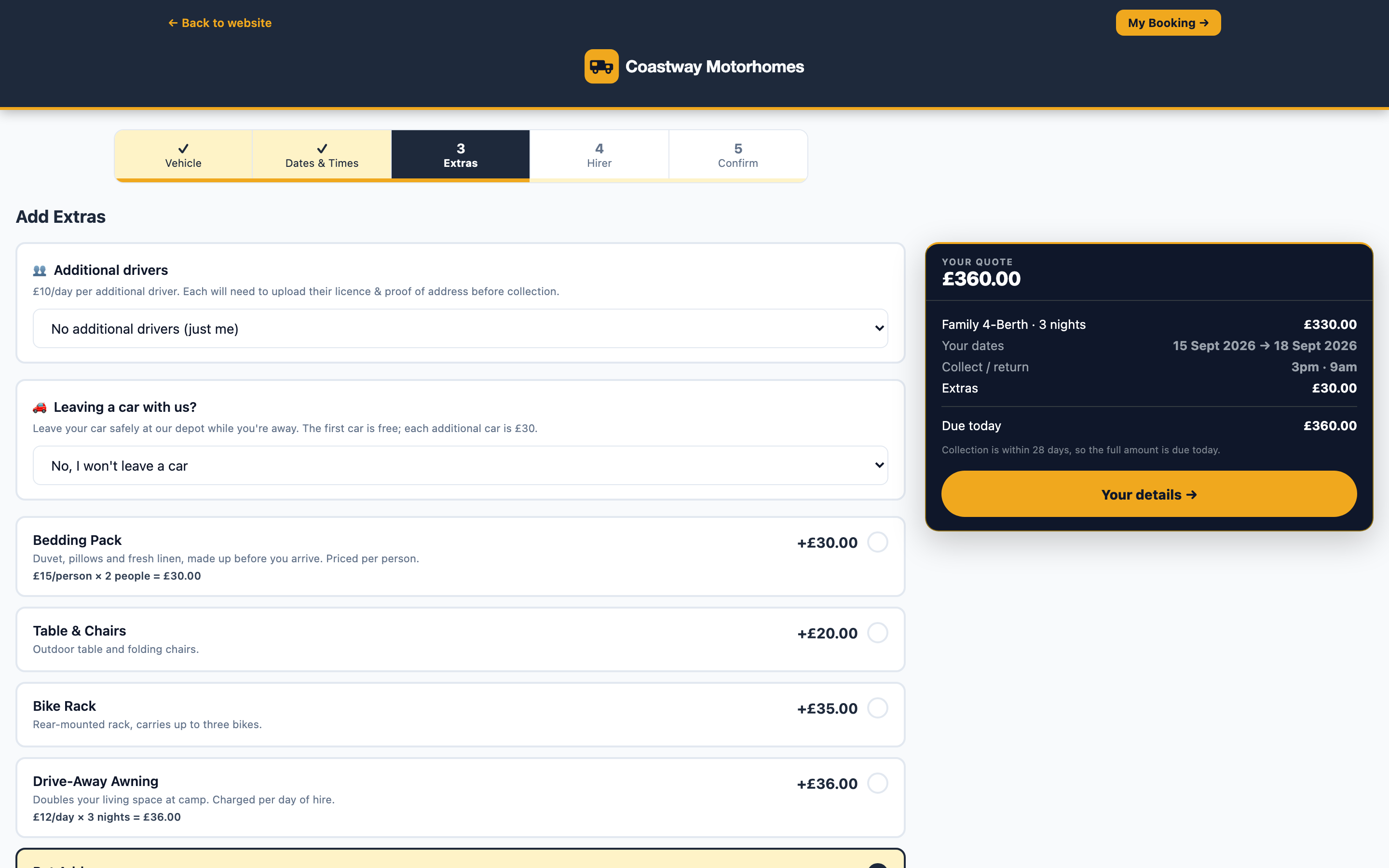 The extras step of a booking: add-ons priced per booking, per day and per person, with the quote updating as they are chosen.