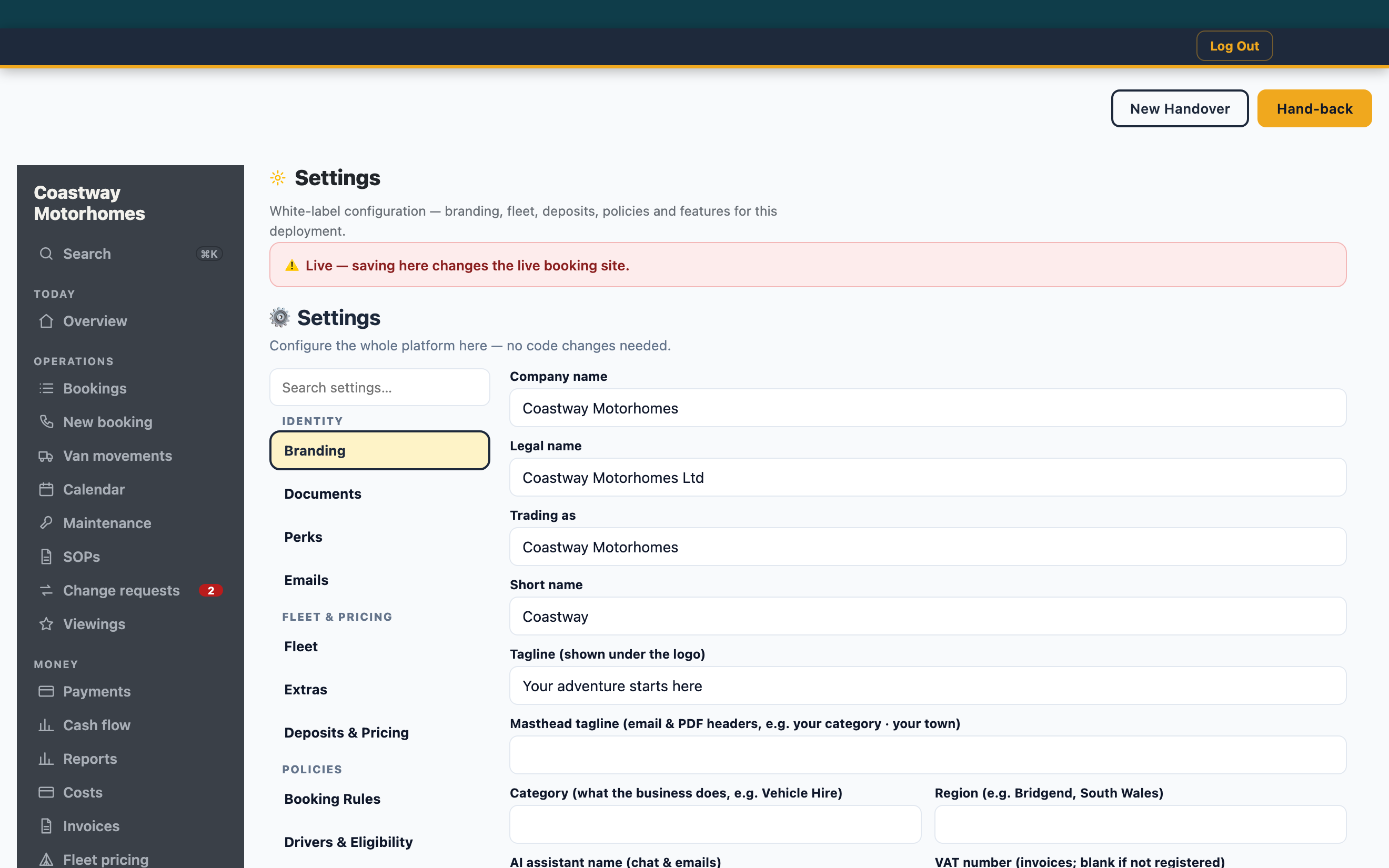 The settings panel of a live deployment: branding, documents, fleet, pricing and policies as forms down a menu — with a warning at the top that saving changes the live booking site.