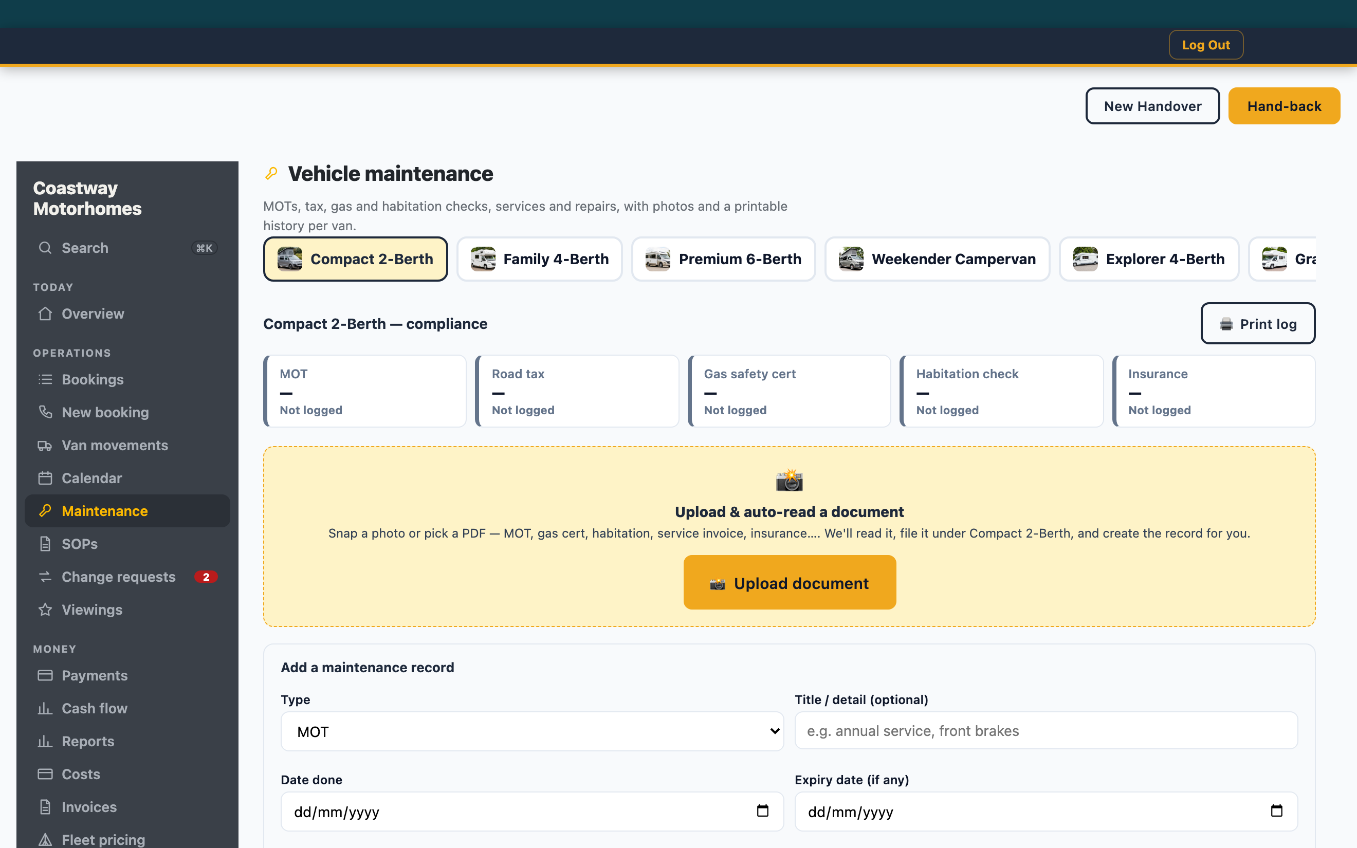 A vehicle's maintenance page: compliance tiles for MOT, road tax and insurance, an upload box that reads a document and files it against the vehicle, and a form to add a service record.