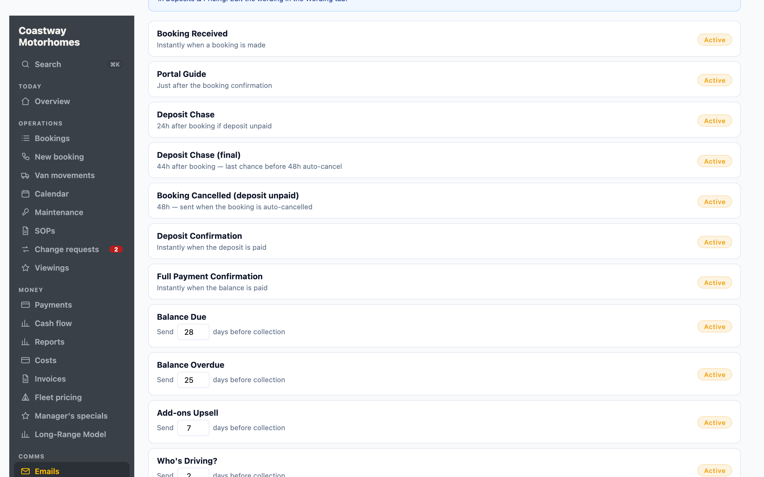 The email engine of a live deployment: booking received, deposit chases with their deadlines, balance due and overdue with their days-before-collection timings, and an upsell email — each with an active toggle.