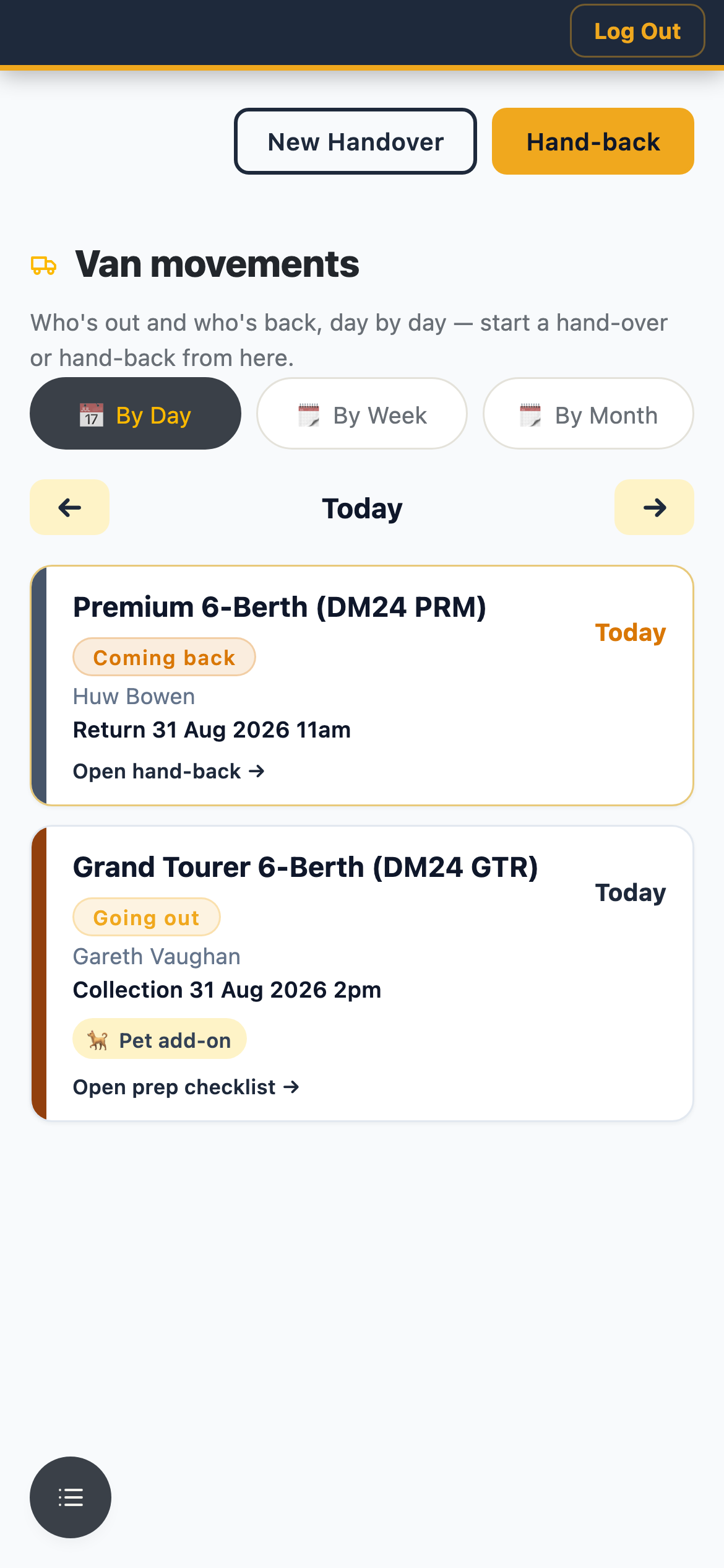 The movements board on a phone: today's return due back at 11am and a collection going out at 2pm, each with its hand-over or hand-back checklist one tap away.