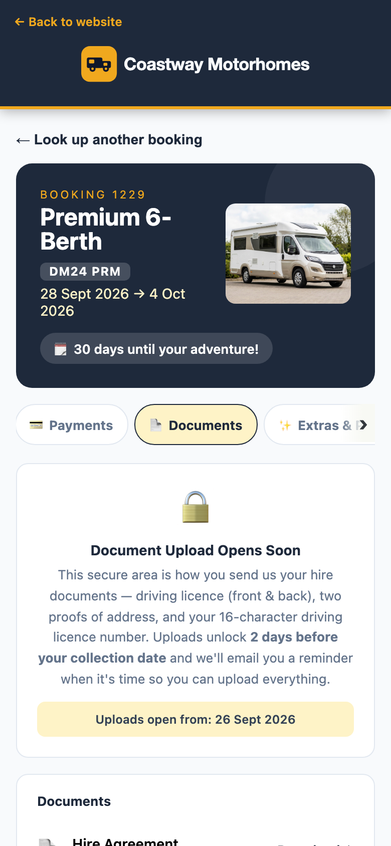 The documents tab of the guest portal on a phone, explaining which documents are needed and the date uploads open.