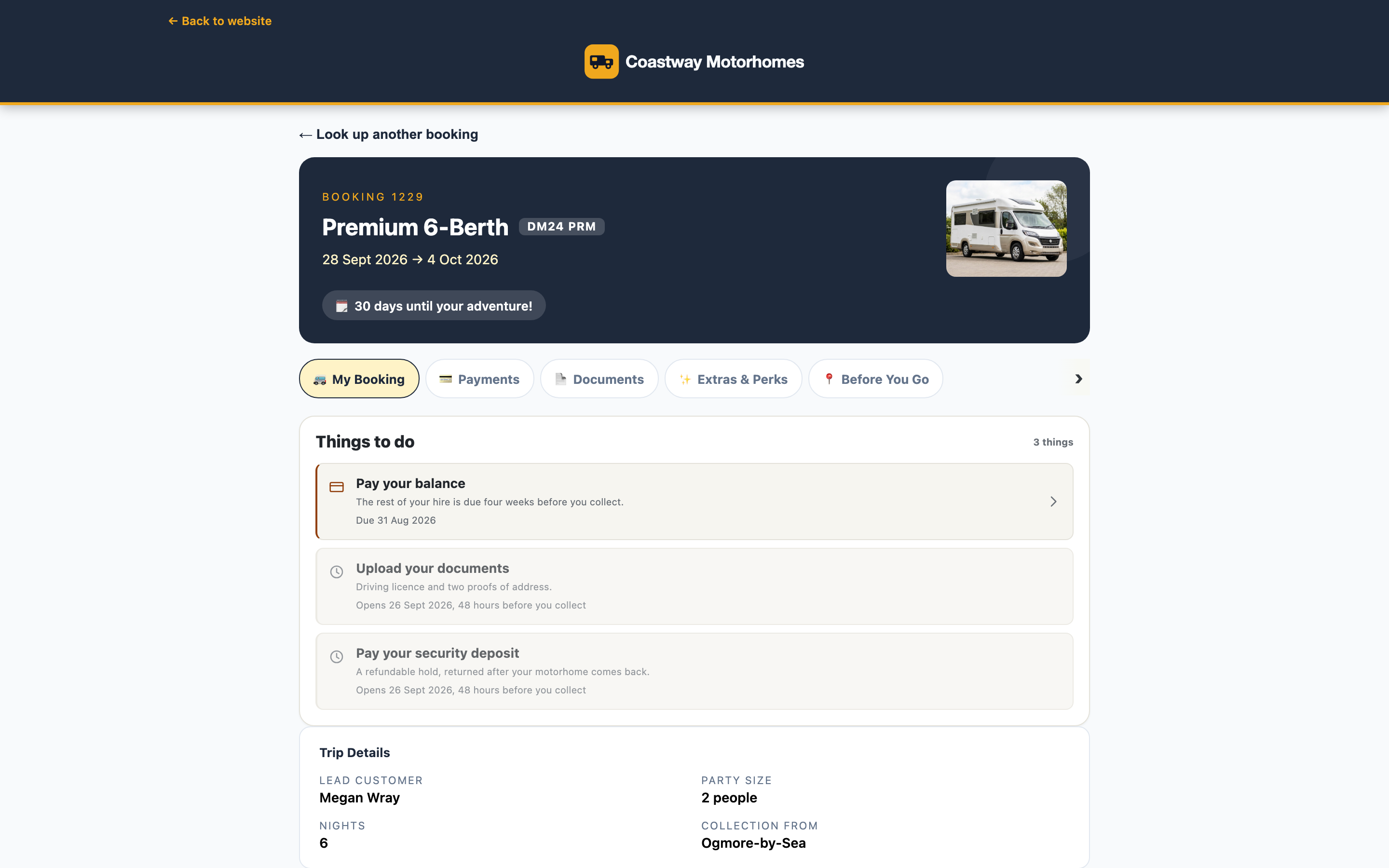 The customer portal: a guest's own booking, counting down to collection, with a list of what is still to do — the balance, the documents and the security deposit.