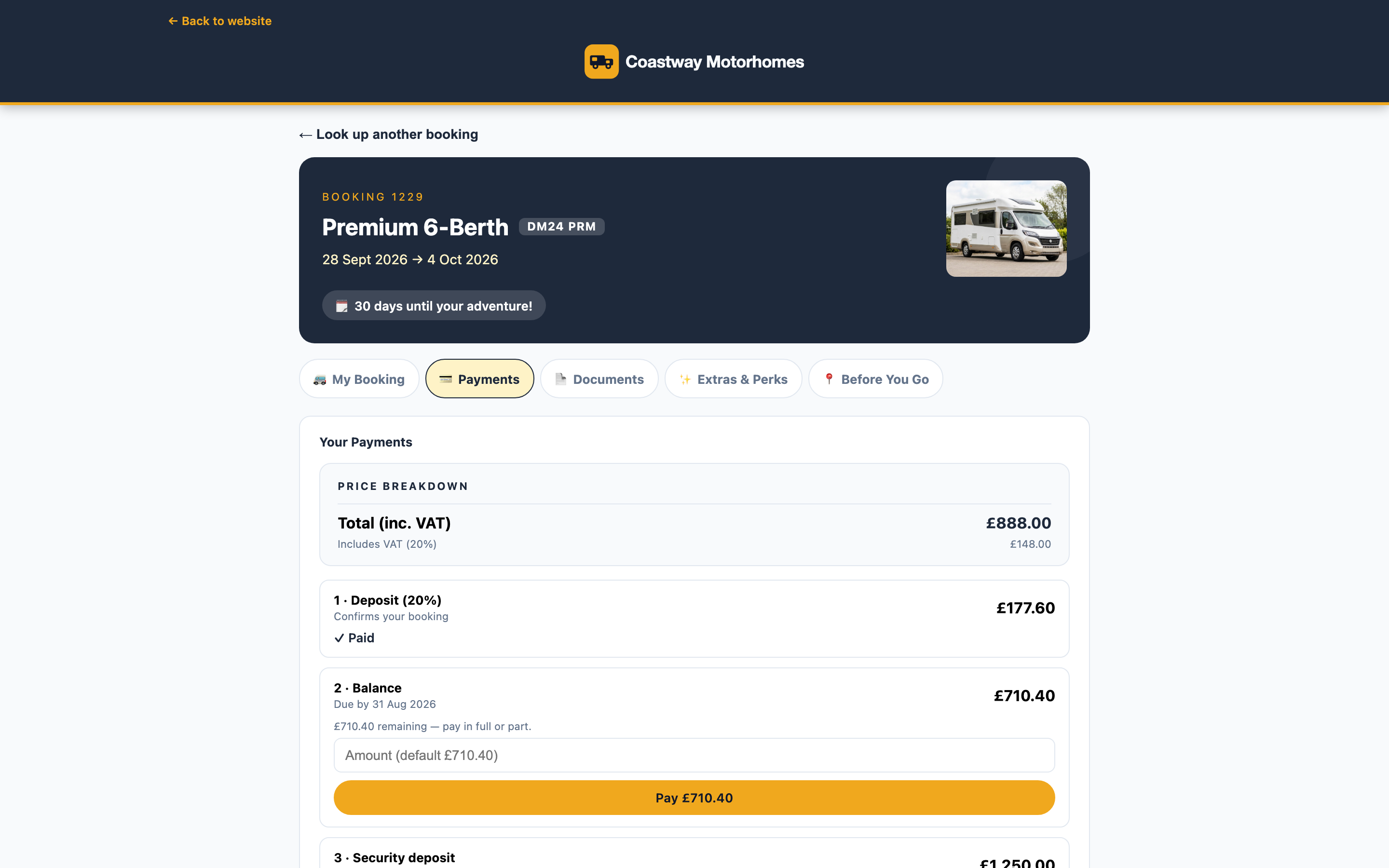 The payments view of a booking: deposit taken, balance outstanding with its due date, and the security deposit shown separately as a refundable hold.