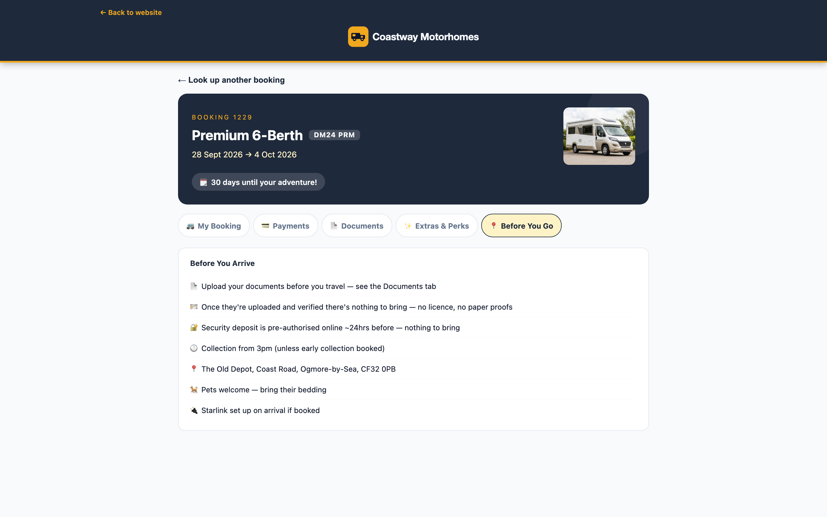 The 'before you go' page of a hirer's portal: the handover time, directions to the wharf, what to bring and what is provided, and the guide for the boat they have booked.